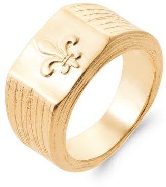 Bague Homme en Plaqué Or 18 carats, Large Strié, Style Chevalière Motif Fleur de Lys Relief, bijou masculin, fete des peres, Marque Francaise (64)