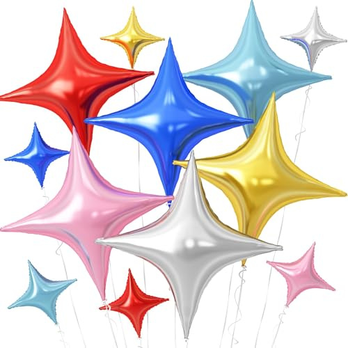 Colorful Star Balloons,12Pcs Four Angle Star Foil Balloons,26Inch and 10Inch Rainbow Quadrangle Helium Polyester Film Balloon for Birthday Anniversary Baby Shower Wedding Party Decorations