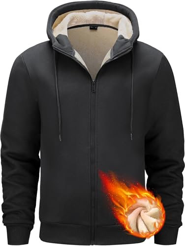 Tansozer Uomo Sherpa Foderato in Pile Giacca Calda con Cappuccio Felpe Termiche con Tasche (Nero, M)