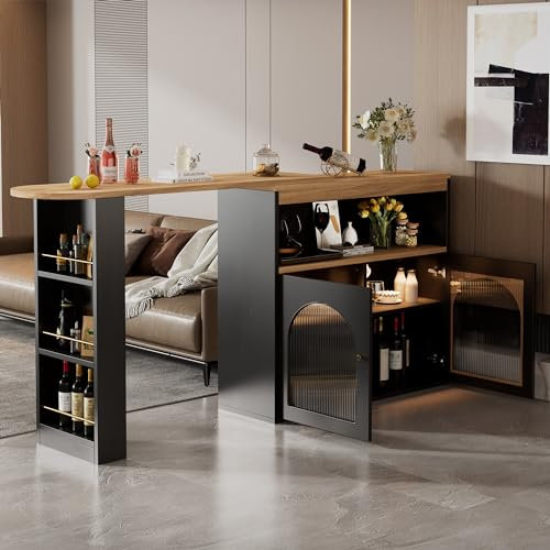 Merax Modern Bar Table Kitchen Island Table with Extendable Swivel Dining Table, with Adjustable Light for Dining Room, Cabinet and Open Shelves with LED Strip, Black, 138-193x39x105cm