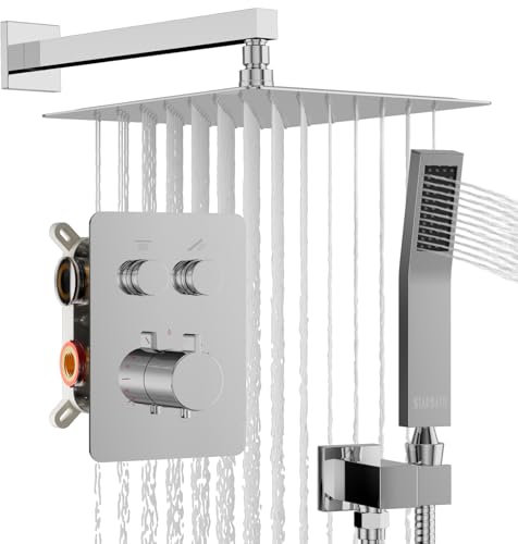 Unterputz Duscharmatur Set Thermostat 38℃, Duscharmaturen Unterputz mit Quadratischer Duscharmatur Regenduschkopf Duschset mit Handbrause 2 Funktionen Messing-Ventilkörper, 30x30cm(Chrom)