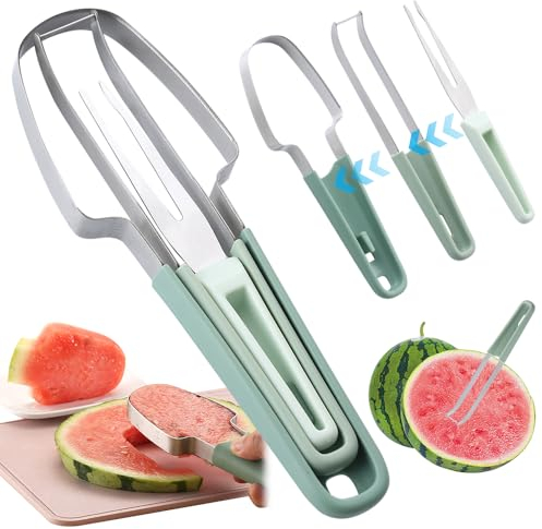 HOVCEH Coupe-fruits, fourchette à fruits en acier inoxydable 3 en 1 et fourchette pour couper les fruits, coupe-fourchette à pastèque en acier