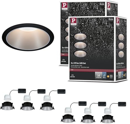 Paulmann 5239 LED Einbauleuchte 3-Step-Dim Cole Coin 6er-Set IP44 rund 88 mm Coin 6x6W 6x470lm 230V dimmbar 2700K Schwarz, Silber matt