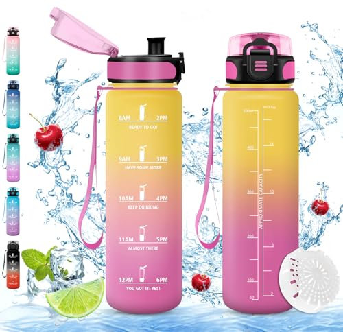 Vikaster Bouteille, Gourde 0.5l, sans BPA, Étanche & Réutilisable, Bouteille d'eau avec Marqueur de Temps et Filtre, Convient Pour la Enfant & Adulte, Gym, Yoga, Camping, Sport, Gourde Randonnée