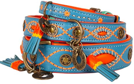 Dog with a Mission - Hundehalsband XXS | Blau, Orange, Bestickt | Boho, Ethno, Urban, Hippie | Kleine Hunde | Handgemacht | Modisch und Bunt | Aus weichem Echtes Leder | 2 cm Breit