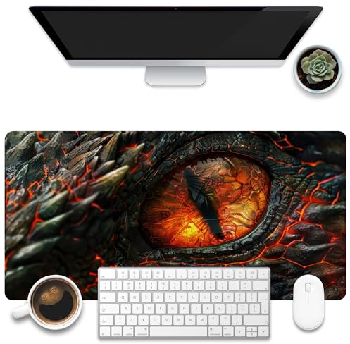 KOAIWPAE Schreibtischunterlage, Fire Dragon Eyes Gaming-Mauspad, 80 x 39,9 cm, erweitertes großes Computer-Tastatur-Mauspad mit rutschfester Unterseite und genähtem Rand