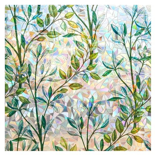 FINNEZ Fensterfolie - Selbstklebend Statische Folie, Bunt Blickdichte Sichtschutzfolie, Anti-UV Regenbogen Optik mit Klein Gräser Motiv, Dekofolie für Wohnzimmer Küche Büro - 90 x 400 cm