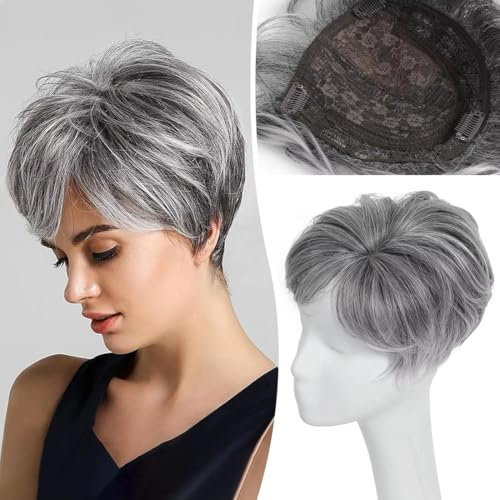Fluffy Hair Topper Straight 6 Inch Toupee with Side Bangs 15x15cm Clip In Wig Top Hair Extensions (1B171T60# Grey)