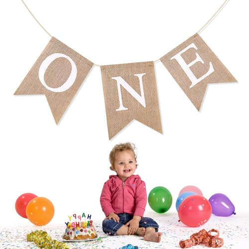 Volumoon One Hochstuhl Banner, Ein Banner zum Ersten Geburtstag, Wimpelgirlande aus Jute zum Aufhängen, 1. Geburtstag für den Hochstuhl, Dekoration zum Ersten geburtstag für die Babyparty