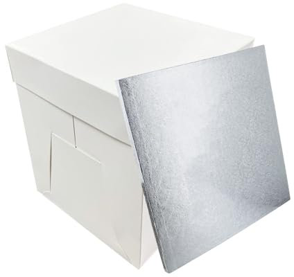 LARRYROO Tall White Cake Box Extra Deep & Silver Square Cake Drum Board Combo For High Celebration, Wedding, Birthday Cakes (10)