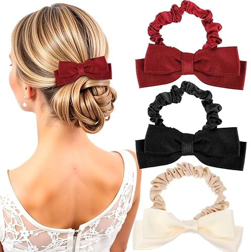 Nogeqi 3 Stück Seiden Haargummi mit Schleife, Elegant Rote Haarschleife mit Haaren, Haarschleifen Mädchen, Rote Schleife Haare, Bowknot Scrunchie Elastics Hair Ties für Damen Frauen Schwarz Rot Beige