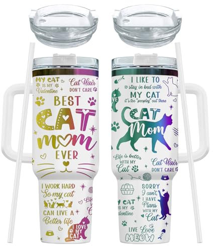 34HD Best Cat Mom Tumbler 40oz with Handle and Straw, Paw Mommy Cup Insulated Travel Coffee Mug, Birthday & Mother's Day Gifts for Cat Lovers, Mama & Grandma
