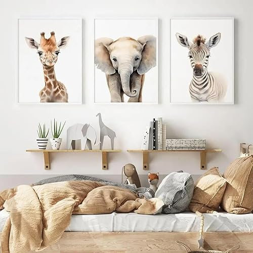 3 Poster Savanne Baby, 30 x 40 cm, Poster Tiere Kinderzimmer Elefant Zebra Giraffe Bild Safari Kinder Beige Leinwand Wandbild Babyzimmer Jungen Mädchen Geschenk ohne Rahmen