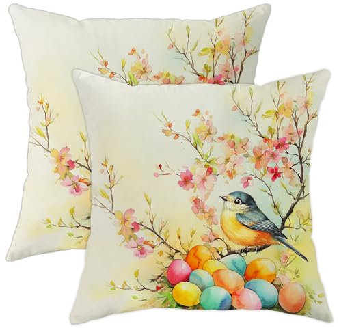 Frühlings-Kissenbezüge, buntes Vogel- und Ostereier-Design, dekorative quadratische Kissen für Zuhause, Sofa, Bett, Couch, 45,7 x 45,7 cm, 2 Stück