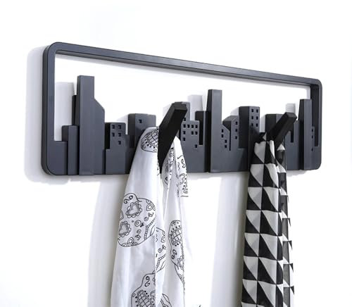 Porte-manteau mural Skyline avec 5 crochets amovibles - Design moderne en ABS noir - Gain de place décoratif pour entrée, couloir, chambre, bureau -