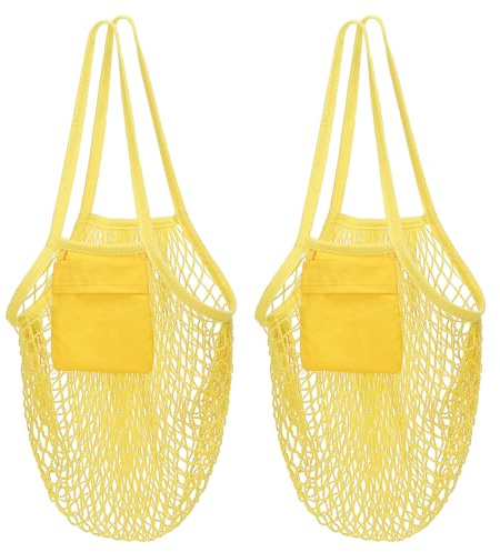 QUARKZMAN 2 Stück Mesh-Markttasche Netto-Lebensmittelbeutel Wiederverwendbare Mesh-Tasche für Gemüse Obst Aufbewahrung Organizer Einkauf Strand, Gelb