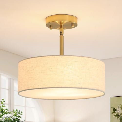 LWYTJO Deckenleuchte mit Stoffschirm, 3-Licht Moderne Rund Deckenlampe, Trommel Kronleuchter Weiß Stoff Lampenschirm Deckenleuchte für Wohnzimmer, Schlafzimmer, Küche, Flur, Foyer-Gold