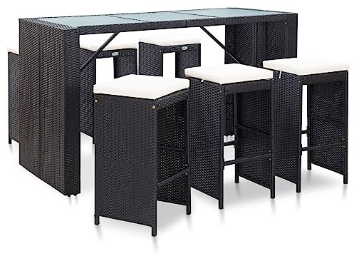 Emmtore Gartenbar Set 7-TLG. mit Auflagen Theke Bar Tresen Gartentheke Bartisch Stehtisch Barhocker Barstuhl Gartenmöbel Poly,Schwarz