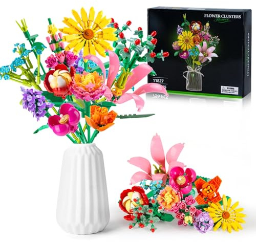 Blumenstrauß Baukasten | 756 Teile 11 realistische Blumenarten Botanik-Bastelset | Dauerhafte Deko für Home Office/Wohnzimmer | Geschenkidee Valentinstag/Muttertag/Geburtstag | Kreativ-Set für Erwachs