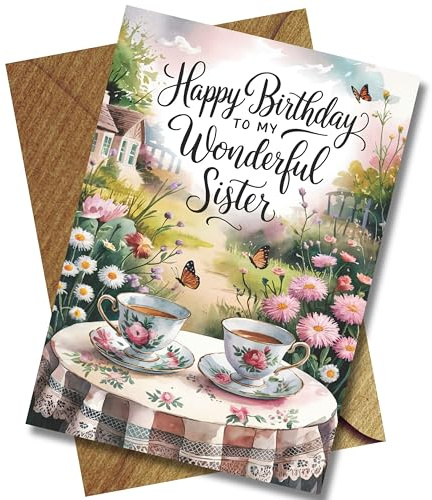 Sister Birthday Card Garden Scene with Two Cups of Tea, 9 x 6 inches
