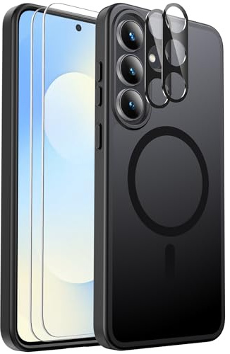 Ezanmull für Samsung Galaxy S25 FE Hülle Magnetisch Stoßfest, 2 Glas Bildschirm Schutzfolie + 2 Kamera Objektiv Schutzfolie, Transparente Anti-Fingerabdruck Hülle für Galaxy S25 FE (Schwarz)