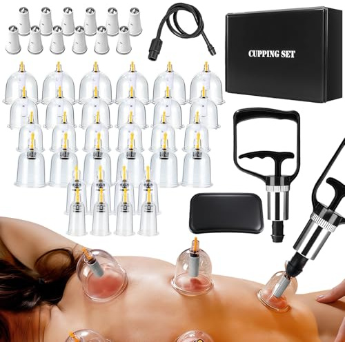32 Stück Schröpfgläser mit Vakuumpumpe, Schröpfglas für Gesicht und Körper, Schröpfen zur Gegen Cellulite, Spannung Schröpfset mit Akupressurpunkt Magneten Handbuch