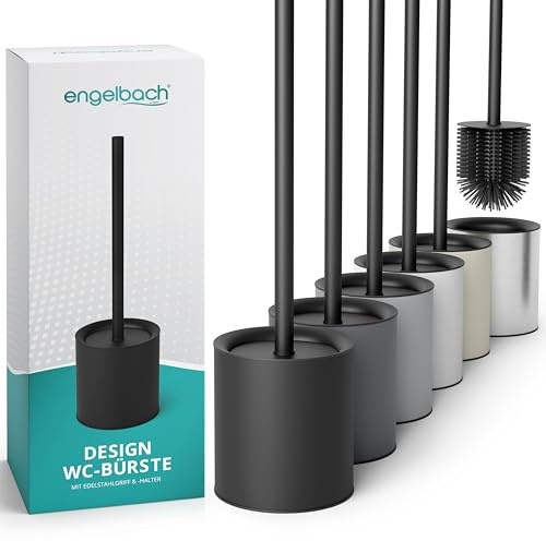 Engelbach® Klobürste Silikon Schwarz mit Edelstahl Griff & Halter | Antibakterielle Design Toilettenbürste – WC Bürste, Klobürstenhalter, modern