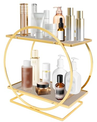 whsiodj Make-up Organizer 2 Ebenen Acryl Metall Aufbewahrung Badezimmer Schreibtisch Kosmetik Aufbewahrung erhöhte Barriere modernes Design (Gold)