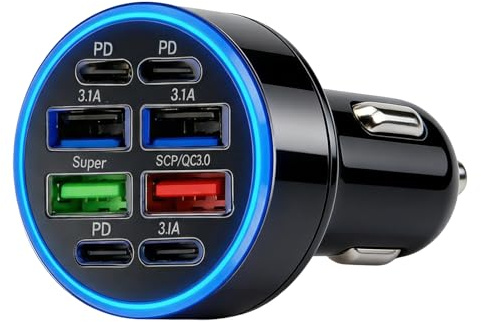 Chargeur Allume Cigare Voiture 50W, Adaptateur USB Auto 8 Ports avec 4×USB-A & 4×USB-C, Charge Rapide 12V-24V, Prise Multiples pour Smartphone, Tablette, GPS, Caméra, Accessoires Voiture