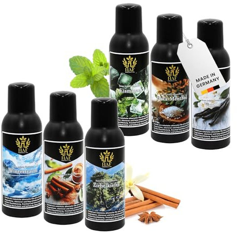 HAF Saunaaufguss Set „Winterwunder“ - 6 x 250ml Sauna Aufgussmittel Eisminze, Euka-Menthol, Vanille, Wintertraum, Zimt, Kiefer - Saunaduft mit natürlichen ätherischen Ölen & ohne Zusätze