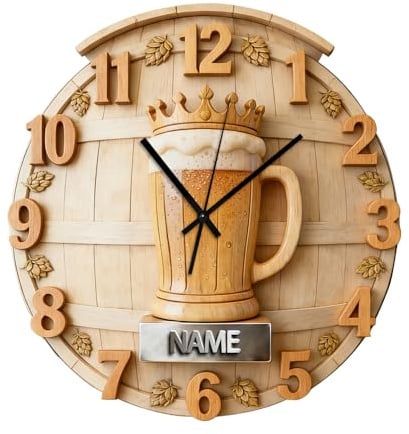 ASD Jewerly Personalisierte Bier Tasse Glas Thema Uhr Geschenk Männer, 2D Flachdruck benutzerdefinierter Name Bier Glas Wanduhr Home Dekoration Schlafzimmer Dekor