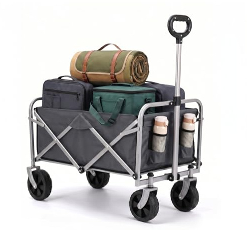 BreezTerra Bollerwagen Faltbar, 100 kg Tragkraft - bollerwagen Geländetauglich mit Bremsen, EIN-Schritt-Faltmechanismus, Kleiner Faltbarer Handwagen für Ausflüge, Camping & Einkäufe (Grau)