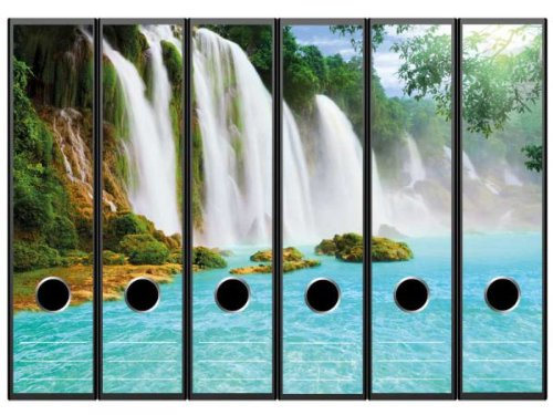 6 Ordnerrücken Motiv-Aufkleber WASSERFALL - Format 65 x 300 mm - passend für 6 breite Standard Din-A4-Ordner mit 7,5 oder 8,0 cm Rückenbreite