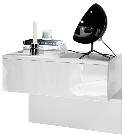 Vladon Nachttisch Sleep, Made in Germany, Nachttischschrank mit Schublade zur Wandmontage, Weiß matt/Weiß Hochglanz (60 x 46 x 35 cm)