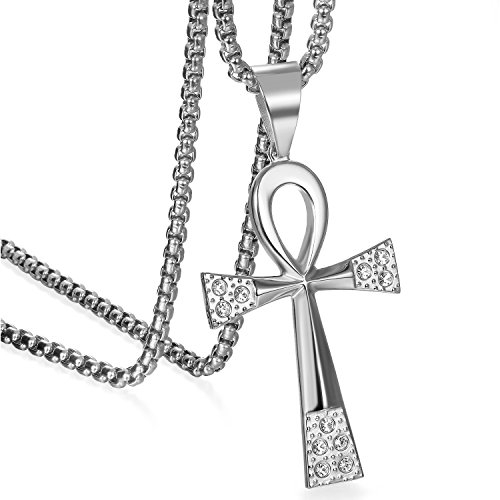 JewelryWe Schmuck Partneranhänger Partnerkette Edelstahl Strass Ägyptische Ankh Kreuz Amulett Anhänger mit 55cm Kette Halskette für Herren Silber, Valentinstag Lieben Geschenk