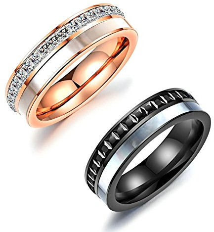 KnSam - 2 Stücke Verlobungsringe für Damen und Herren Edelstahl Bandringe Trauringe, Zirkonia Kristallanhänger Schwarz Rosegold Herrengr. 60 (19.1) & Damengr. 54 (17.2)