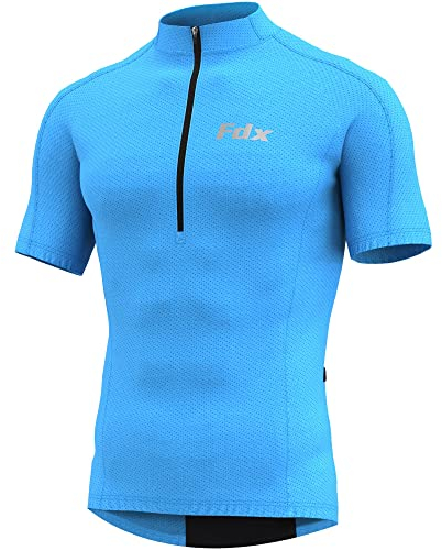 FDX Men’s Cycling Jersey - Half Zipped, Half Sleeves, Summer Cycle Breathable Tops with 4 Pockets - Bicycle Riding Shirt, MTB Racing, Mountain Bike, Running, Outdoor Sports Clothes (Blue, X-Large)