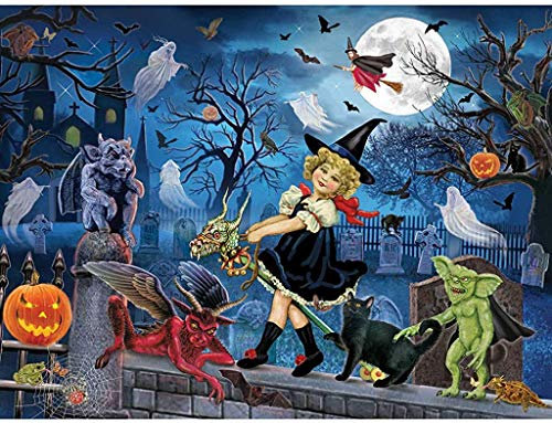 Bits and Pieces - 1000 Piece Jigsaw Puzzle for Adults 51cm x 69cm - Littlest Witch's Halloween Party - 1000 pc Haunted House Halloween Trick or Treat Jigsaw by Artist Rosiland
