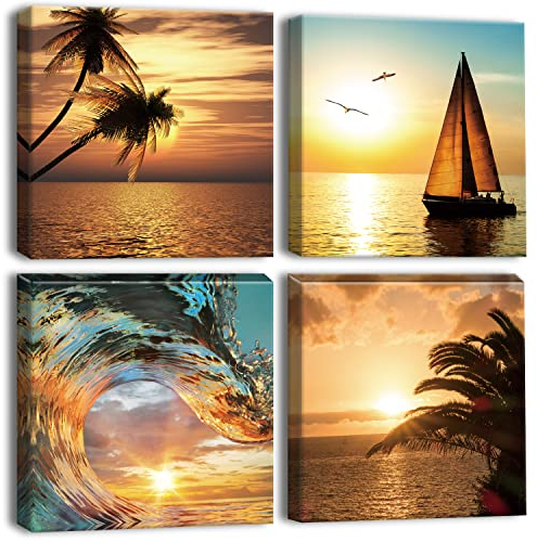 Artscope 4 Teilig Leinwandbilder mit Kokosnussbaum-Segelboot und Meer Motiv Kunstdruck - Moderne Wandbild für Küche Badezimmer Wohnzimmer Wanddekoration - 30 x 30 cm
