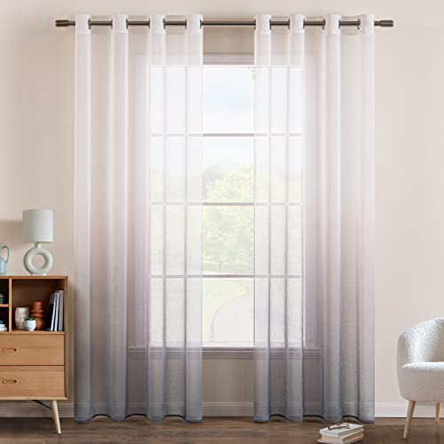 EMEMA Gardinen Transparent Vorhänge Voile Sheer Vorhang mit Ösen Farbverlauf Dekoschal Fensterschal für Schlafzimmer und Wohnzimmer 245 cm x 140 cm(H x B) 2er Set Weiß Grau