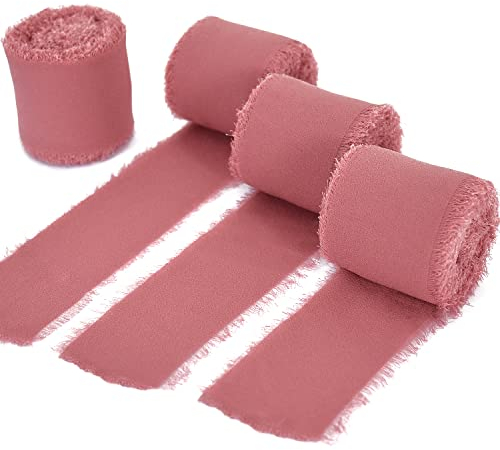 TONIFUL Chiffon-Seidenband, 3,8 cm, Altrosa, 4 Rollen, 3,8 cm, handgefertigt, Fransen, Chiffon-Bänder-Set für Hochzeitseinladungen, Brautsträuße, Geschenkverpackungen, Bastelarbeiten, Altrosa, 22 m,