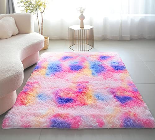 LYKEJI Flauschiger Teppich - Shaggy Langflor für Schlafzimmer und Wohnzimmer - Rutschfeste Dekoration (Bunt Rosa, 120X160CM)
