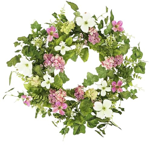 YNYLCHMX 18 Spring Summer Wreaths for Front Door, Artificial Floral Wreath with Pink Hydrangea Green Eucalyptus Leaves, Green Foliage Wreath for Wall Window Farmhouse Party Holiday Home Decor