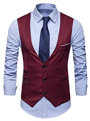 Youllyuu Chaleco de traje de color sólido para hombre, chaleco de vestir de negocios con cuello en V, chaleco británico delgado de un solo pecho, granate, S