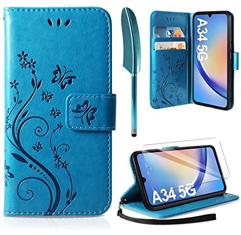 AROYI Lederhülle Kompatibel mit Samsung Galaxy A34 5G Hülle und Schutzfolie, Flip Wallet Handyhülle PU Leder Tasche Case Kartensteckplätzen Schutzhülle