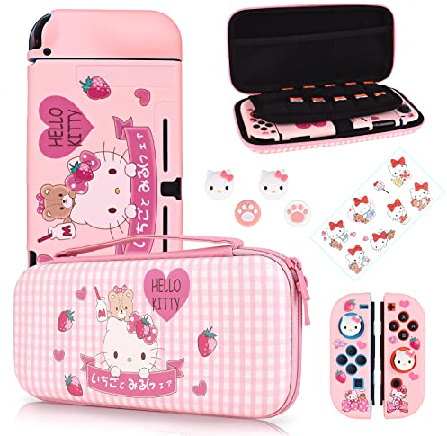 DLseego Tragetasche Set Kompatibel mit Switch, Hartschalen Aufbewahrung mit 12 Spielkartenhaltern, Silikon-Schutzhülle mit 4Stücke Joystick-Kappe und 1Stücke Aufkleber,Rosa Häschen