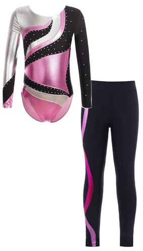 iEFiEL Mädchen Turnanzug Glitzer Gymnastik Leotard Langarm Akrobatik Anzug Tanzkostüme Turnbody Jumpsuit mit Sport Leggings Rosa 146-152