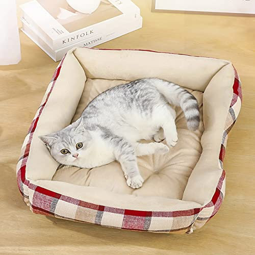 Hundebetten, mittelgroß, weich, warm, Nackenrolle, Hundesofa, Bett, Angstlinderung, rechteckig, Katzen-Hundekissen für kleine, mittelgroße und große Hunde, Katzen (M (60 x 45 cm), rot A)