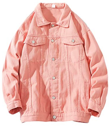 HEYDHSDC Giacca in denim tinta unita da uomo in cotone casual Streetwear Hip Hop giacca jeans da coppia sciolta, rosa, XXXL