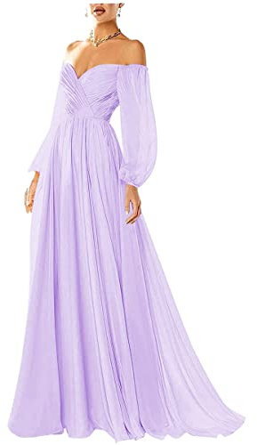 Vestito da promenade della spalla sfuggito maniche lunghe pieghettato chiffon formale abiti da sera, Lilla, 40